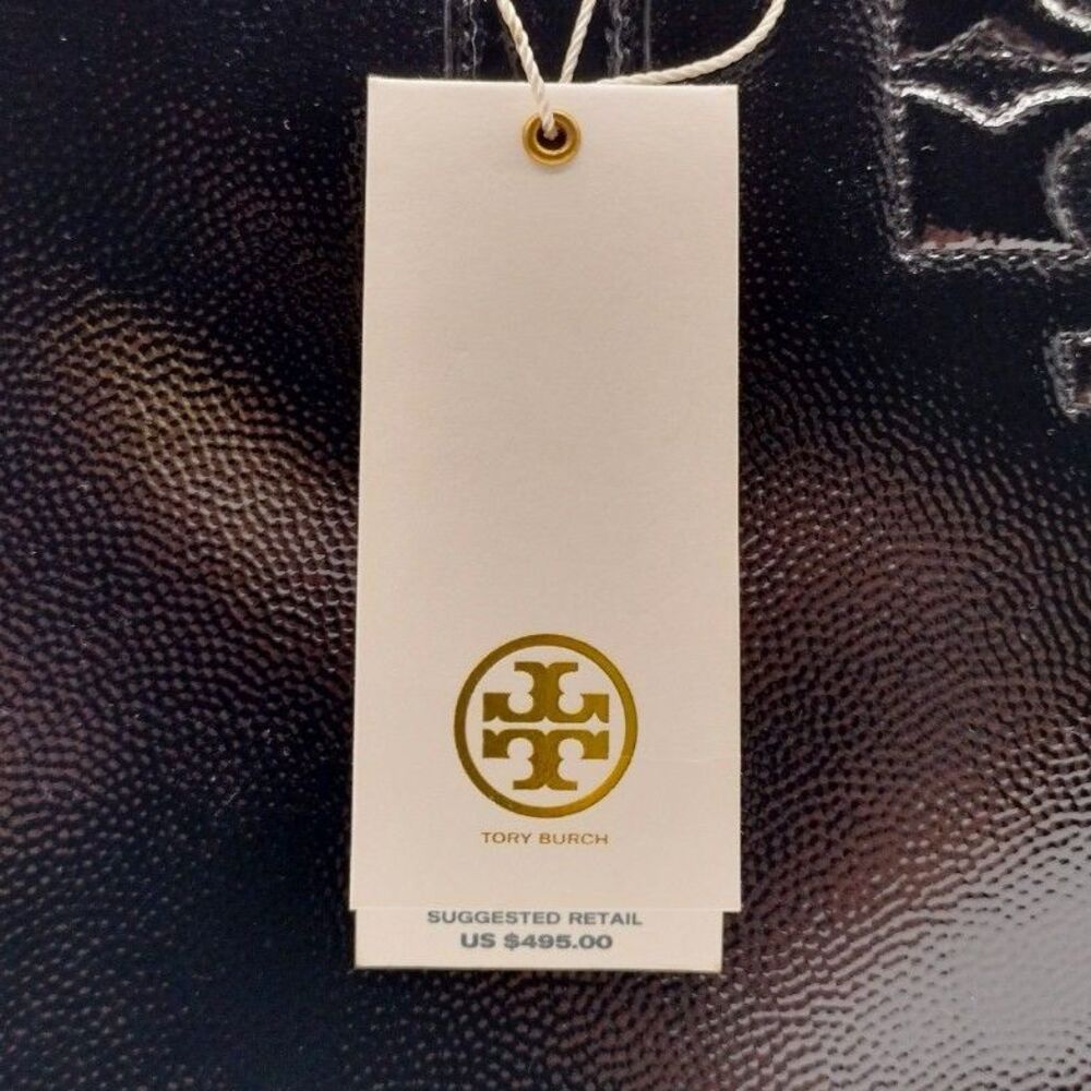 Tory Burch Thea Patent Tripple Zipper Quiet Luxury Black Embossed Logo Satchel - Picture 7 of 9